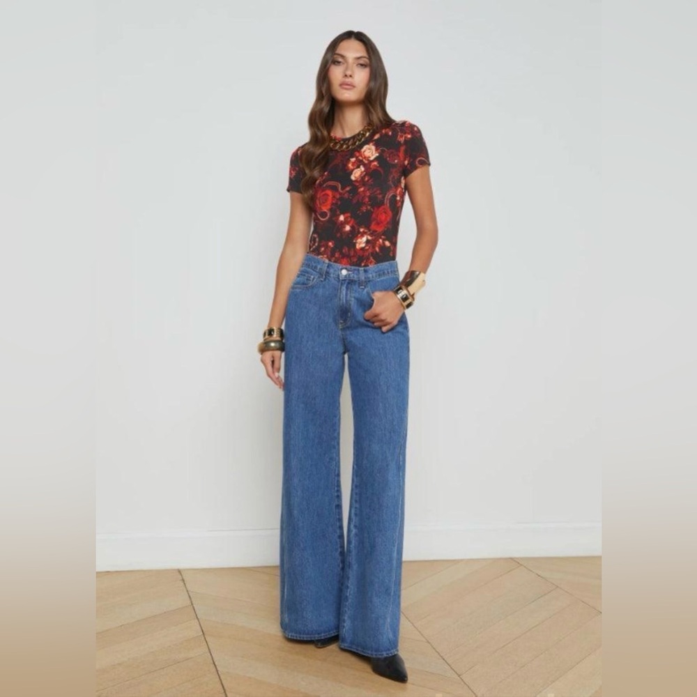 L'AGENCE Ressi Baroque Floral Tee 🌹 Red and Black 🌹Short Sleeve 🌹Size XXS 🌹 NWT - Picture 4 of 9